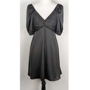EXPRESS S Black Satin Puff Sleeve Dress Smocked Back Twist Front Conscious Edit